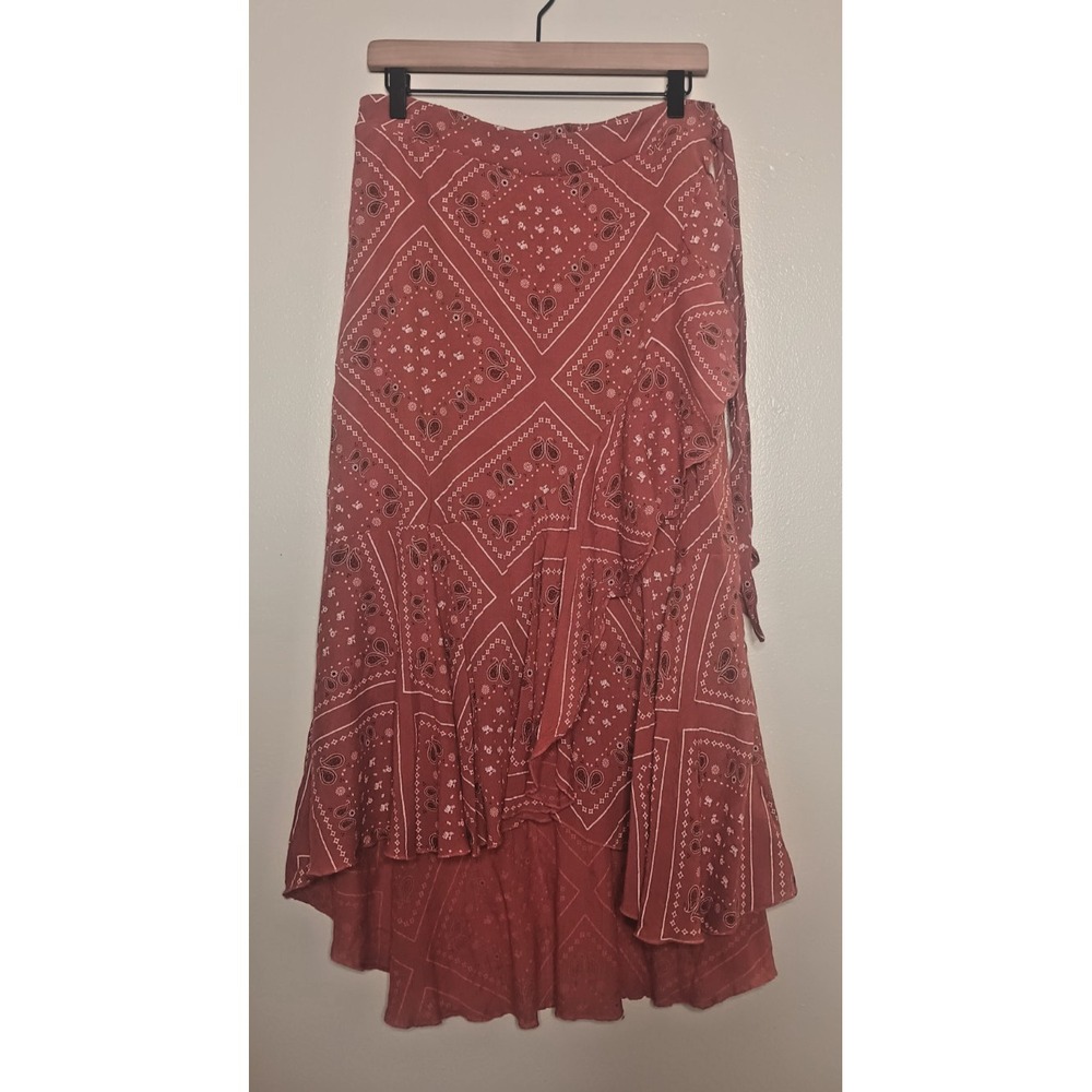Ember Boho Terracotta Bandana Paisley Print Faux Wrap Maxi Skirt XL Asymmetric